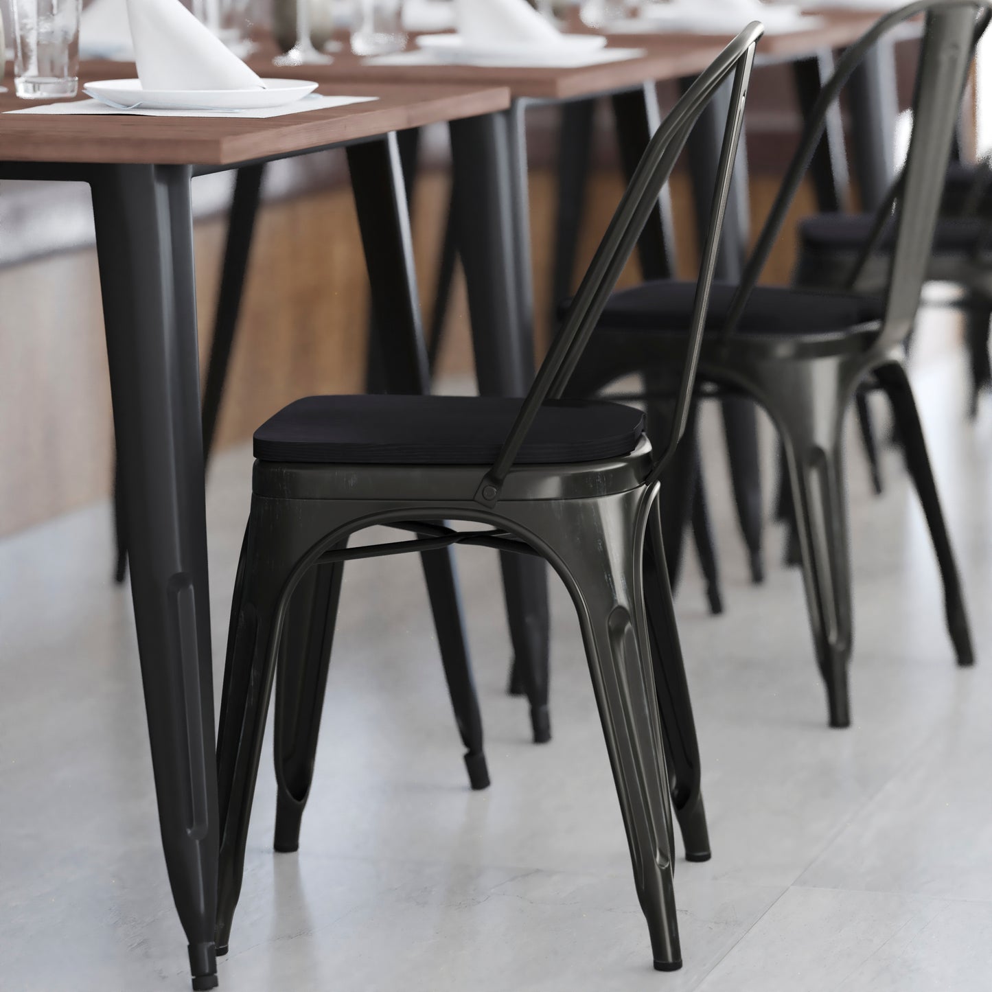 Perry Commercial Grade Black-Antique Gold Metal Indoor-Outdoor Stackable Chair with Black Poly Resin Wood Seat Black Seat/Black-Antique Gold Frame