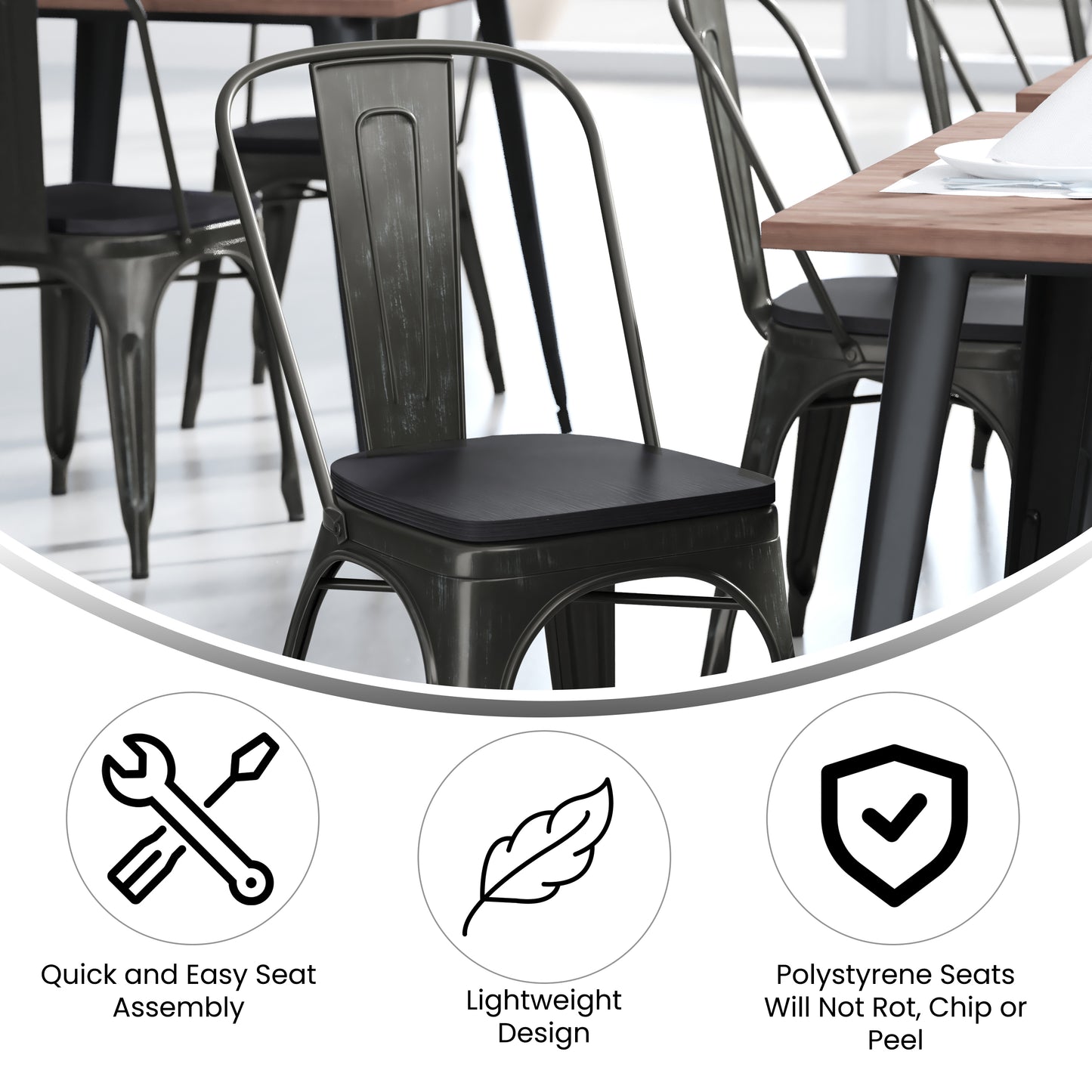 Perry Commercial Grade Black-Antique Gold Metal Indoor-Outdoor Stackable Chair with Black Poly Resin Wood Seat Black Seat/Black-Antique Gold Frame