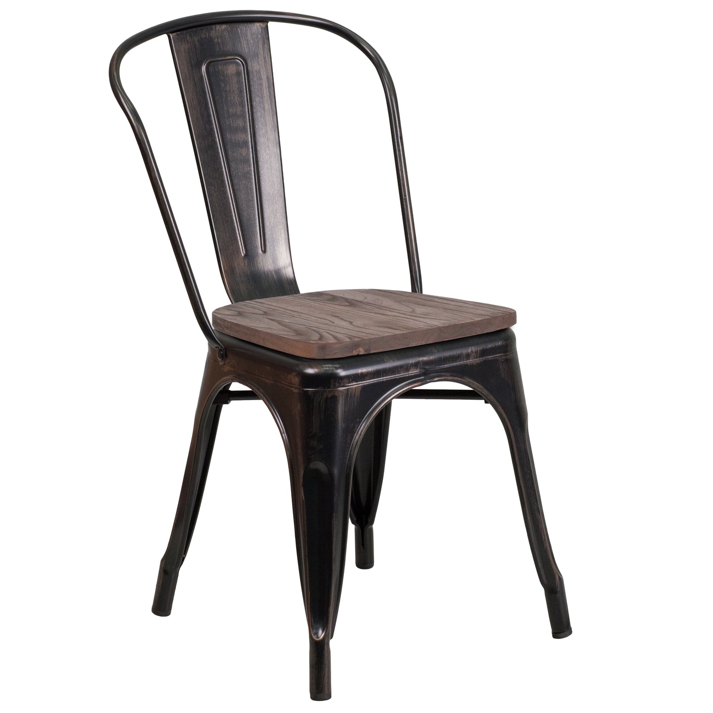 Perry Black-Antique Gold Metal Stackable Chair with Wood Seat Black-Antique Gold