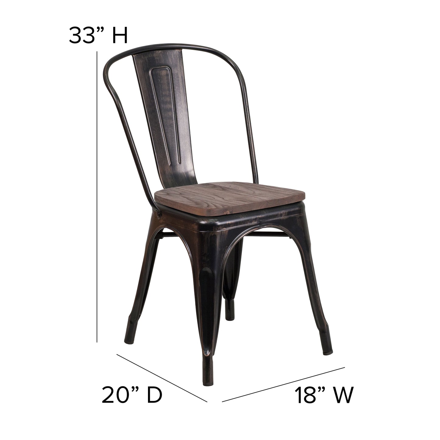 Perry Black-Antique Gold Metal Stackable Chair with Wood Seat Black-Antique Gold