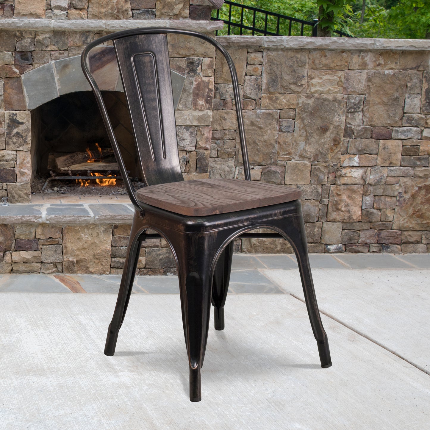 Perry Black-Antique Gold Metal Stackable Chair with Wood Seat Black-Antique Gold
