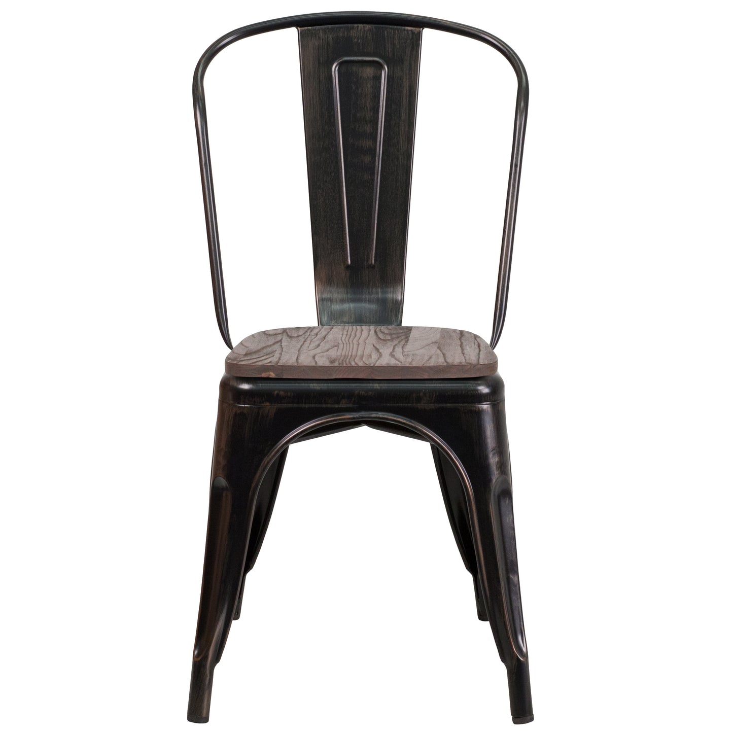 Perry Black-Antique Gold Metal Stackable Chair with Wood Seat Black-Antique Gold