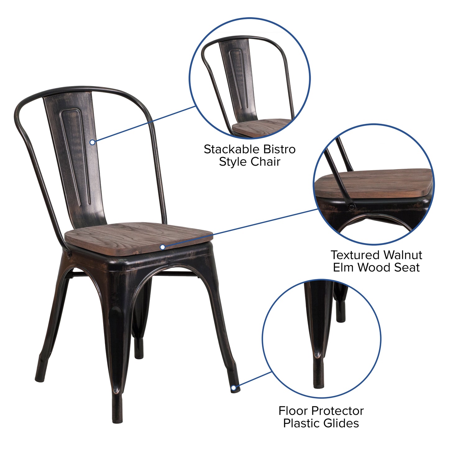 Perry Black-Antique Gold Metal Stackable Chair with Wood Seat Black-Antique Gold