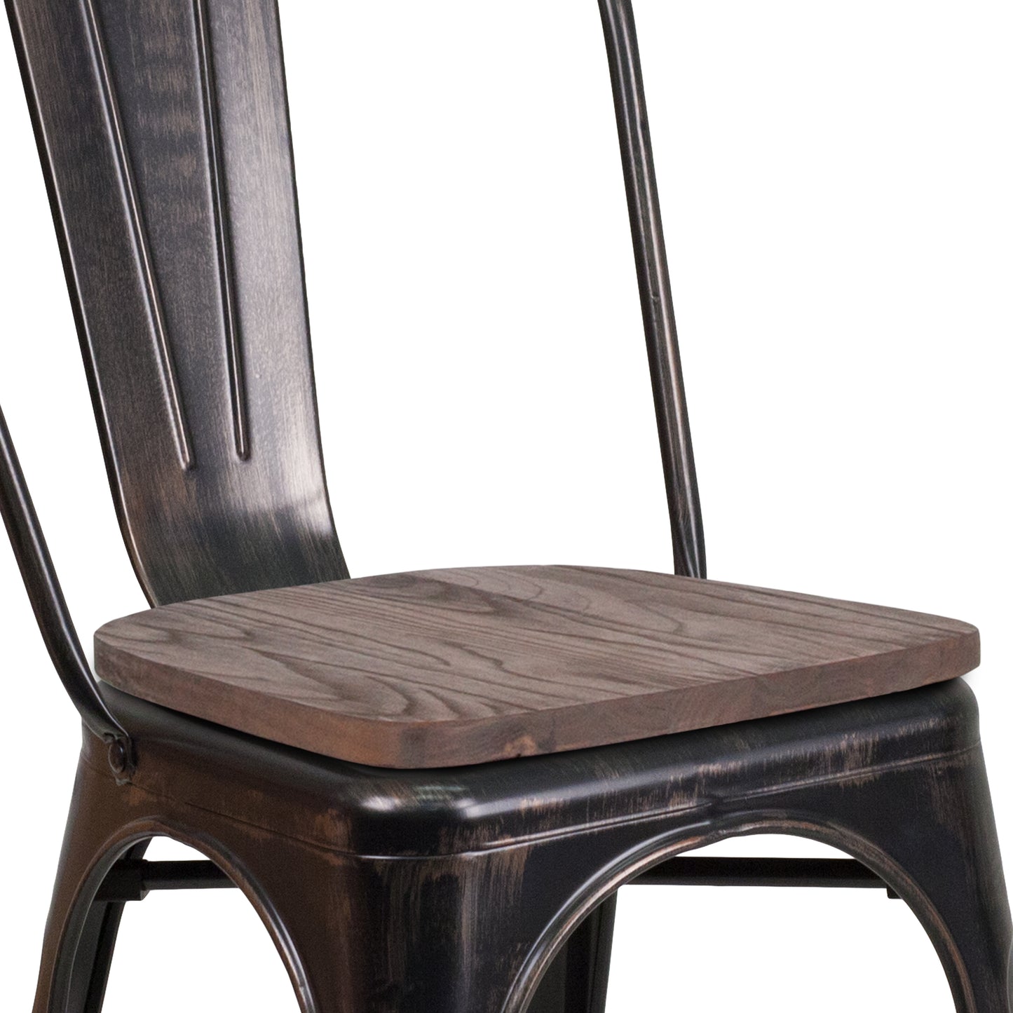 Perry Black-Antique Gold Metal Stackable Chair with Wood Seat Black-Antique Gold