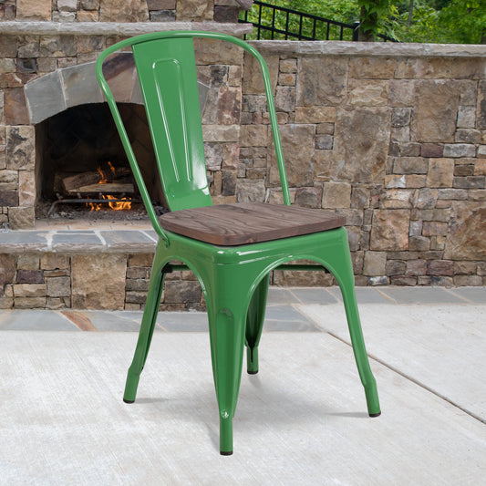 Perry Green Metal Stackable Chair with Wood Seat Green