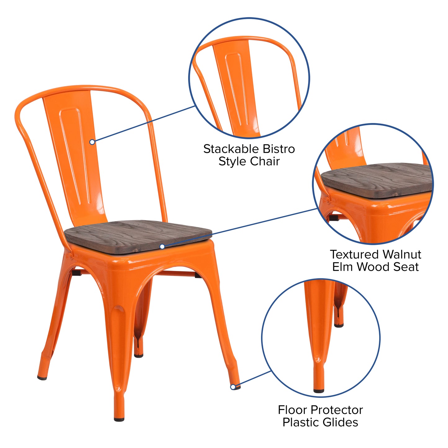 Perry Orange Metal Stackable Chair with Wood Seat Orange