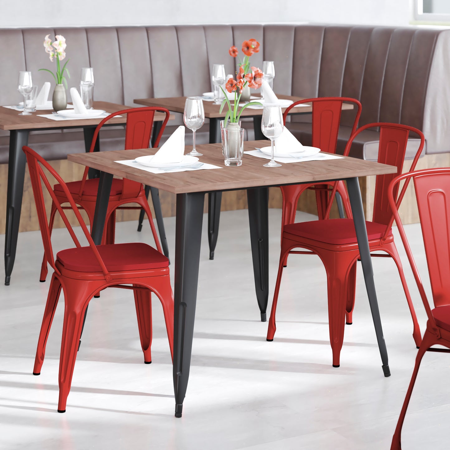Perry Commercial Grade Red Metal Indoor-Outdoor Stackable Chair with Red Poly Resin Wood Seat Red Seat/Red Frame