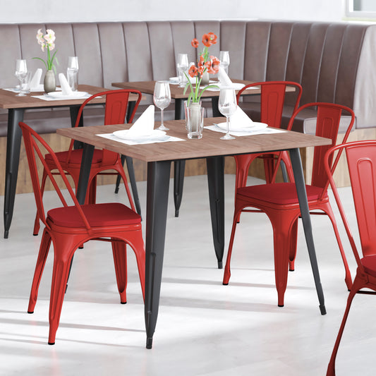 Perry Commercial Grade Red Metal Indoor-Outdoor Stackable Chair with Red Poly Resin Wood Seat Red Seat/Red Frame