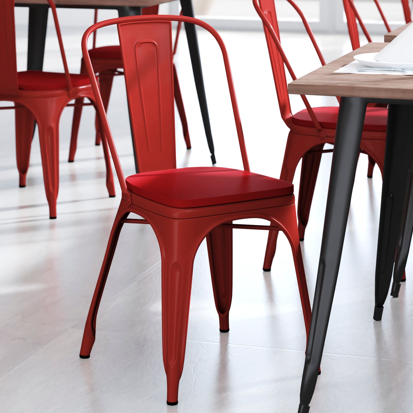 Perry Commercial Grade Red Metal Indoor-Outdoor Stackable Chair with Red Poly Resin Wood Seat Red Seat/Red Frame