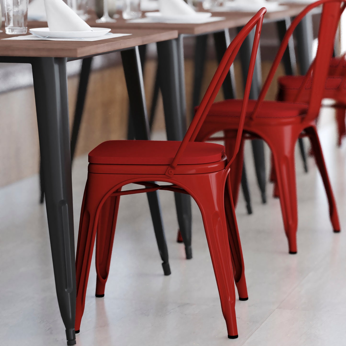 Perry Commercial Grade Red Metal Indoor-Outdoor Stackable Chair with Red Poly Resin Wood Seat Red Seat/Red Frame