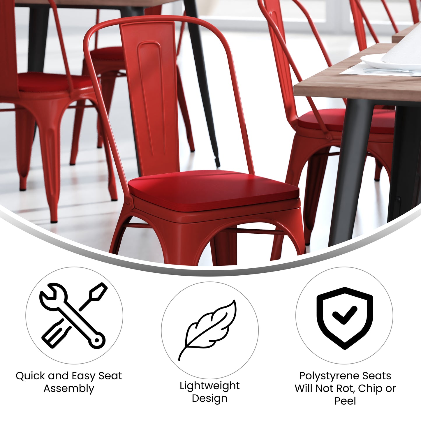 Perry Commercial Grade Red Metal Indoor-Outdoor Stackable Chair with Red Poly Resin Wood Seat Red Seat/Red Frame