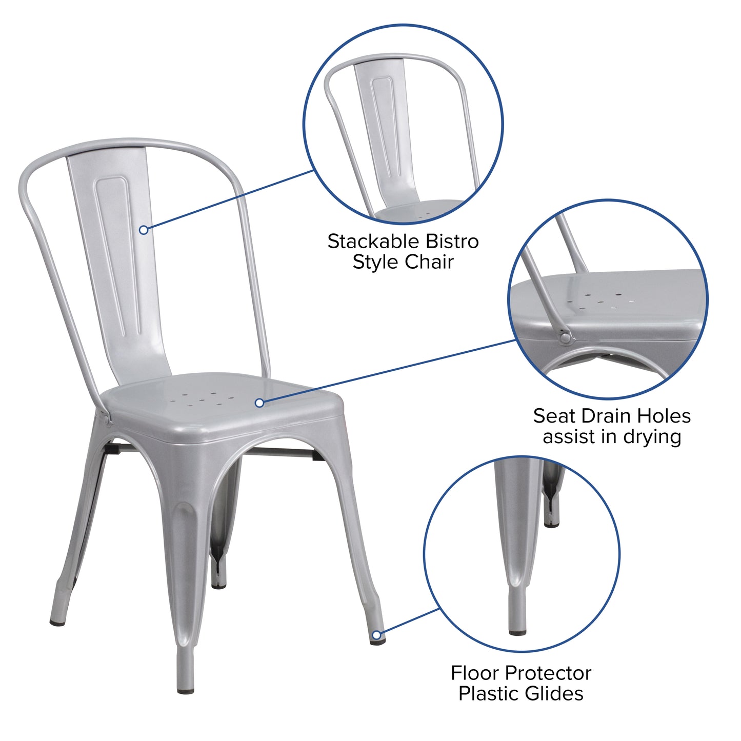 Foster Commercial Grade 31.5" Square Silver Metal Indoor-Outdoor Table Set with 4 Stack Chairs Silver ET-CT002-4-30-SIL-GG
