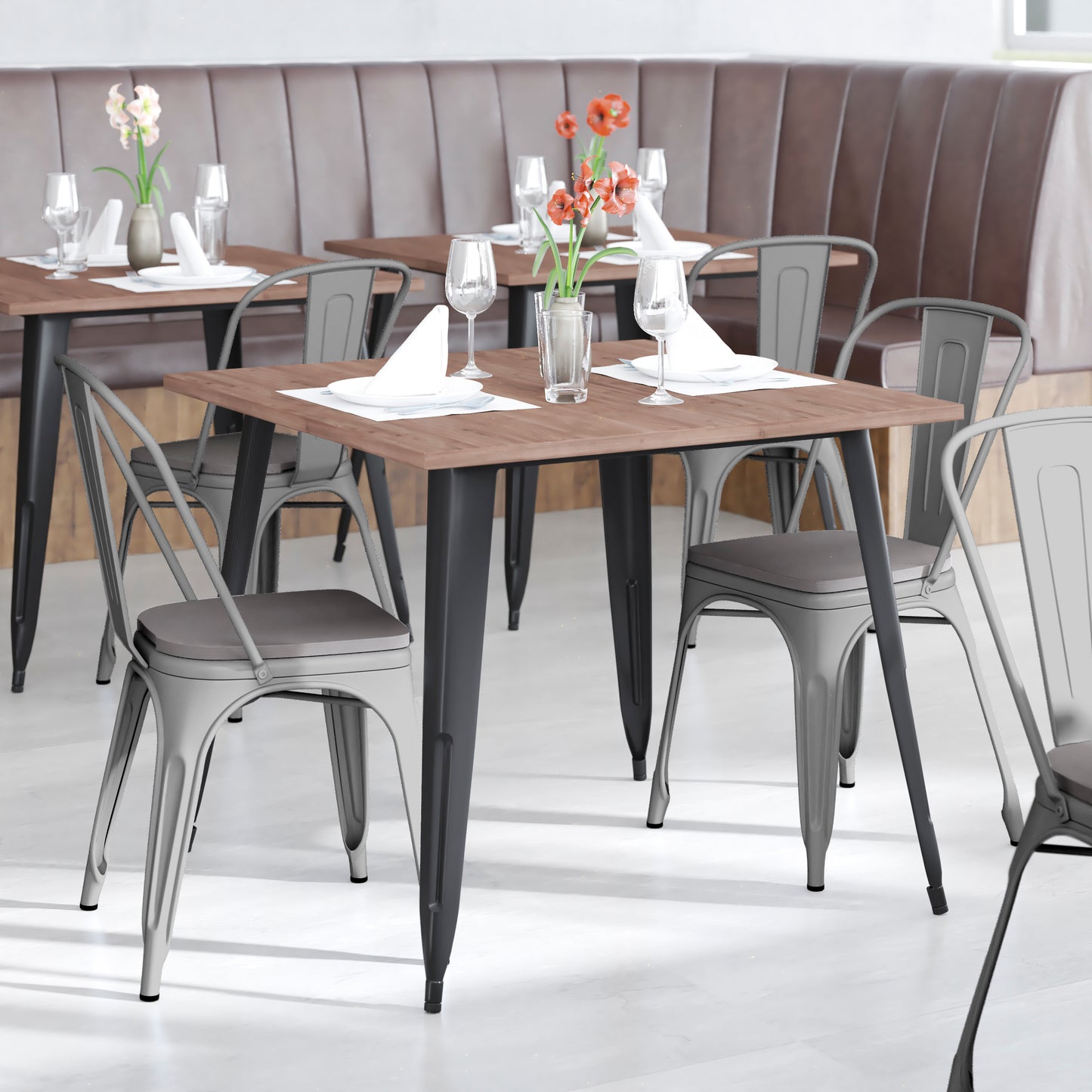 Perry Commercial Grade Silver Metal Indoor-Outdoor Stackable Chair with Gray Poly Resin Wood Seat Gray Seat/Silver Frame CH-31230-SIL-PL1G-GG