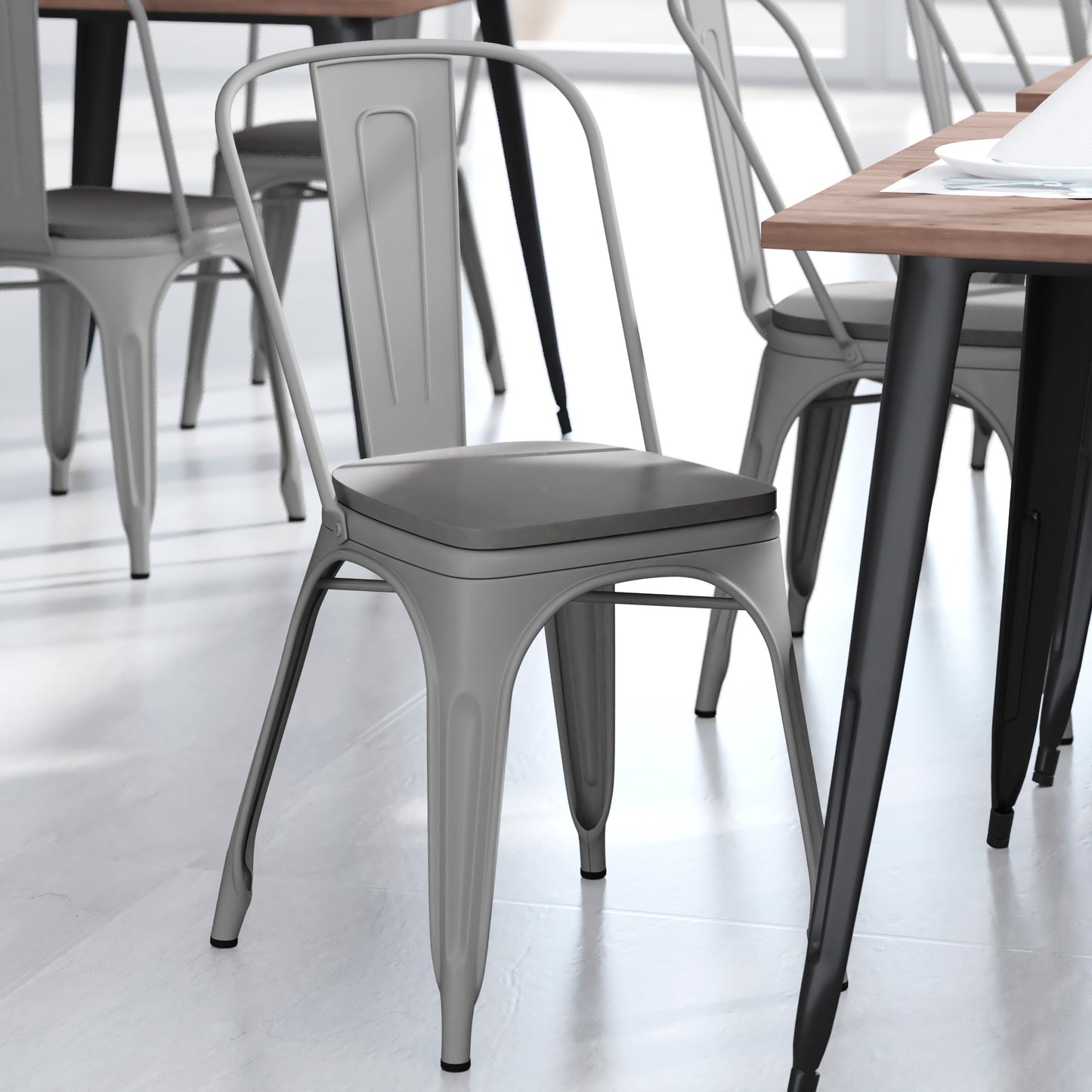 Perry Commercial Grade Silver Metal Indoor-Outdoor Stackable Chair with Gray Poly Resin Wood Seat Gray Seat/Silver Frame CH-31230-SIL-PL1G-GG