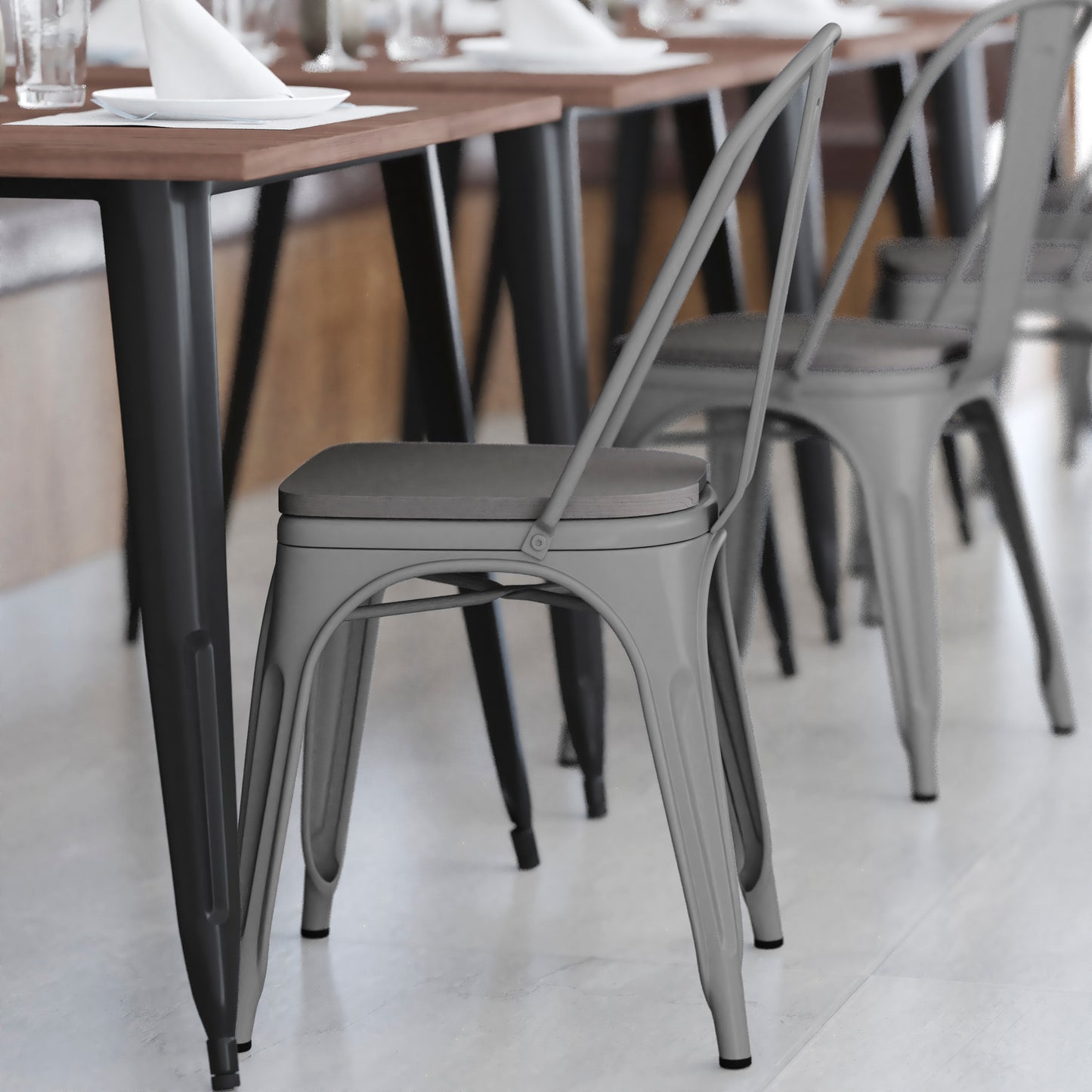 Perry Commercial Grade Silver Metal Indoor-Outdoor Stackable Chair with Gray Poly Resin Wood Seat Gray Seat/Silver Frame CH-31230-SIL-PL1G-GG