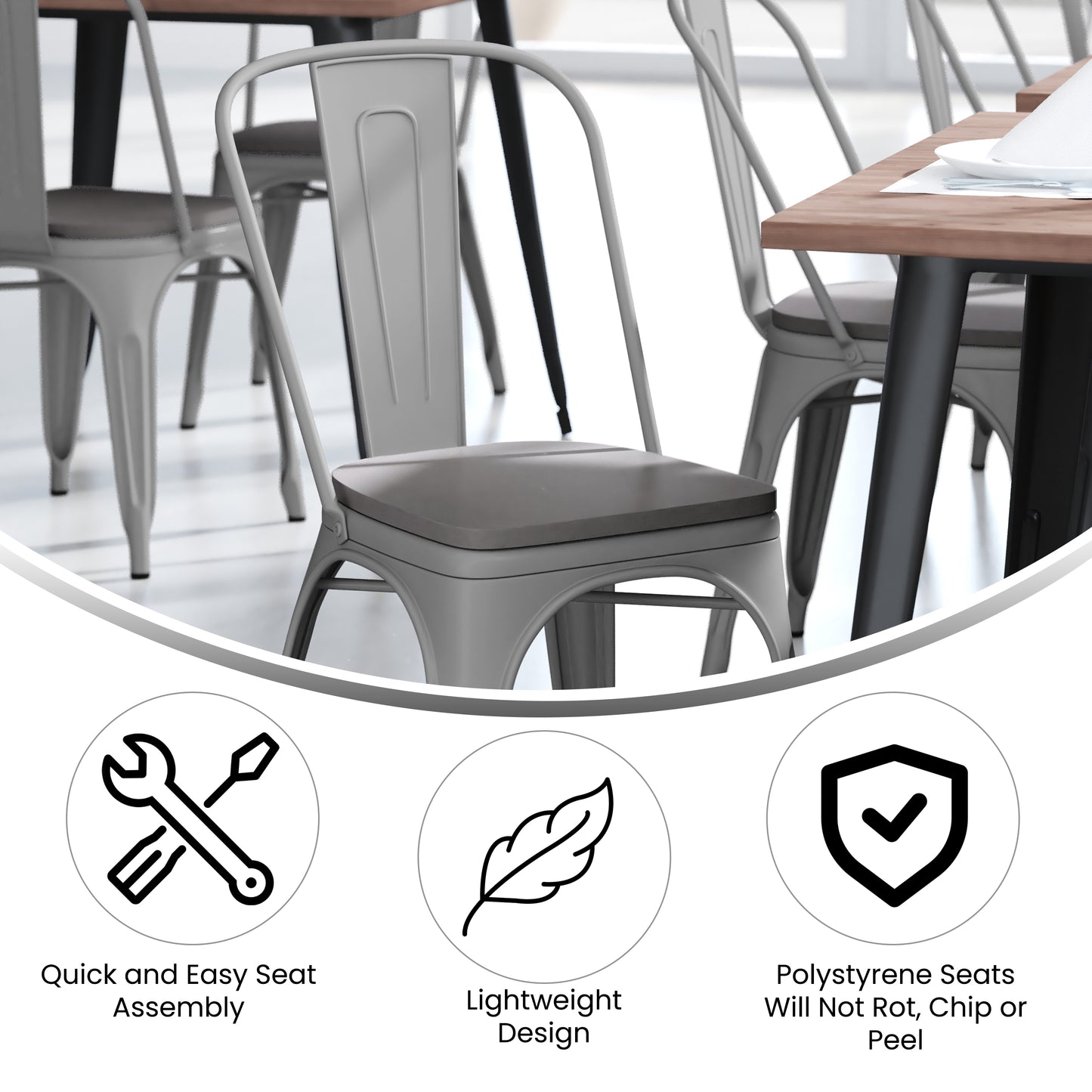 Perry Commercial Grade Silver Metal Indoor-Outdoor Stackable Chair with Gray Poly Resin Wood Seat Gray Seat/Silver Frame CH-31230-SIL-PL1G-GG