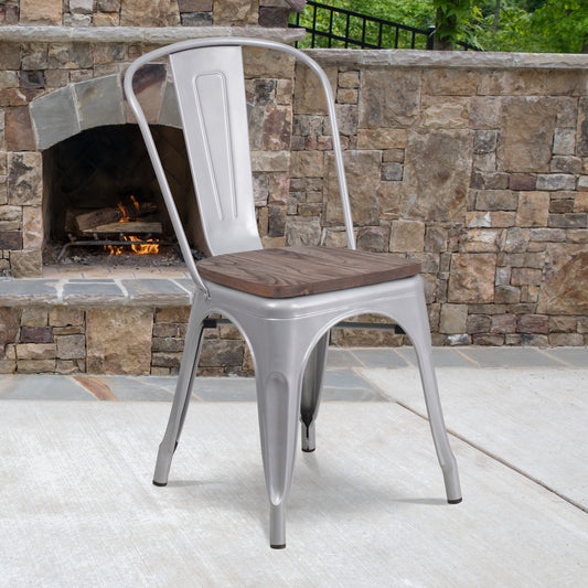 Perry Silver Metal Stackable Chair with Wood Seat Silver