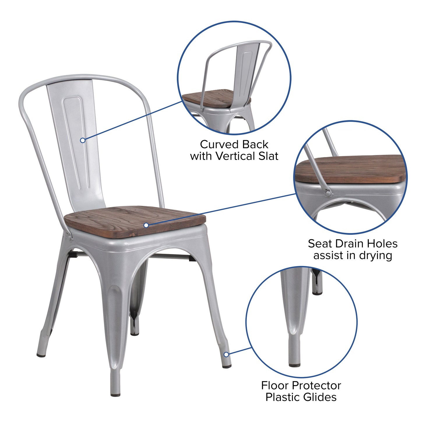 Perry Silver Metal Stackable Chair with Wood Seat Silver