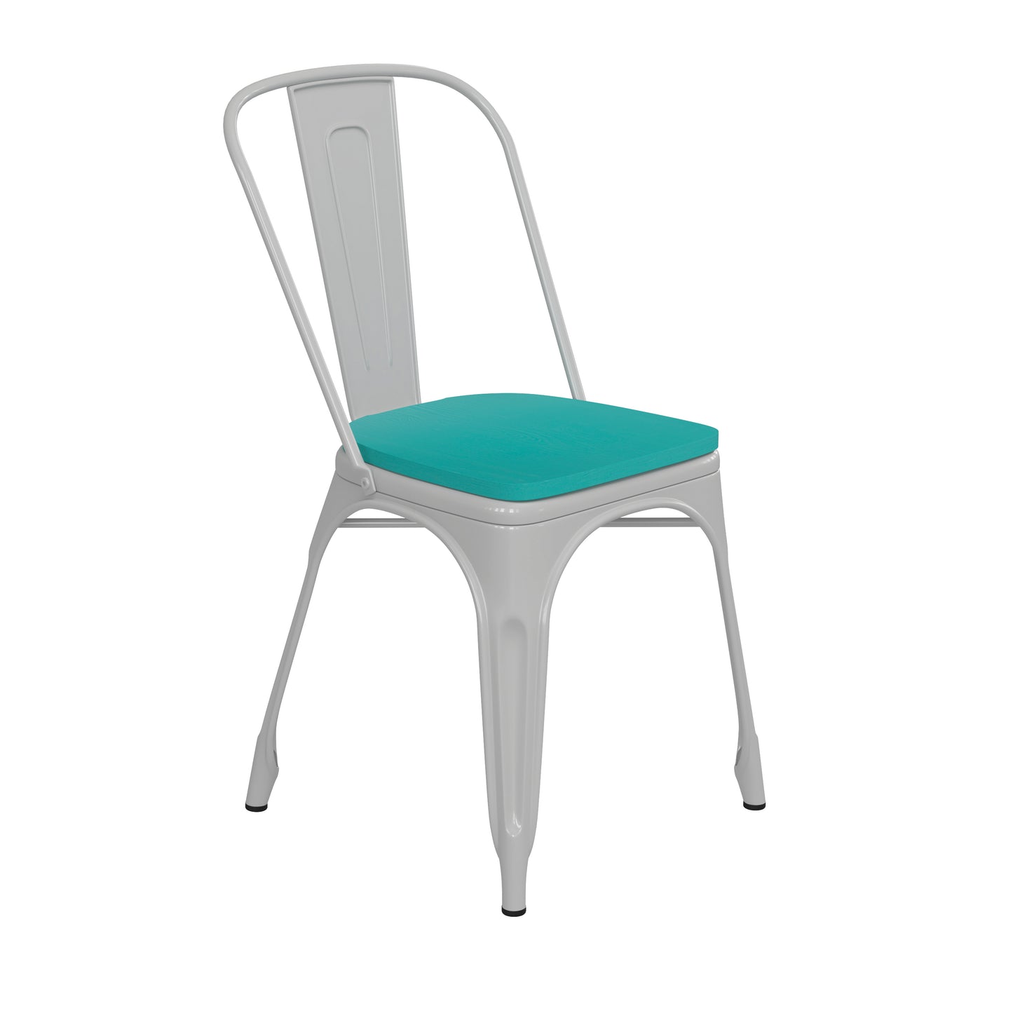 Perry Commercial Grade White Metal Indoor-Outdoor Stackable Chair with Mint Green Poly Resin Wood Seat Mint Green Seat/White Frame