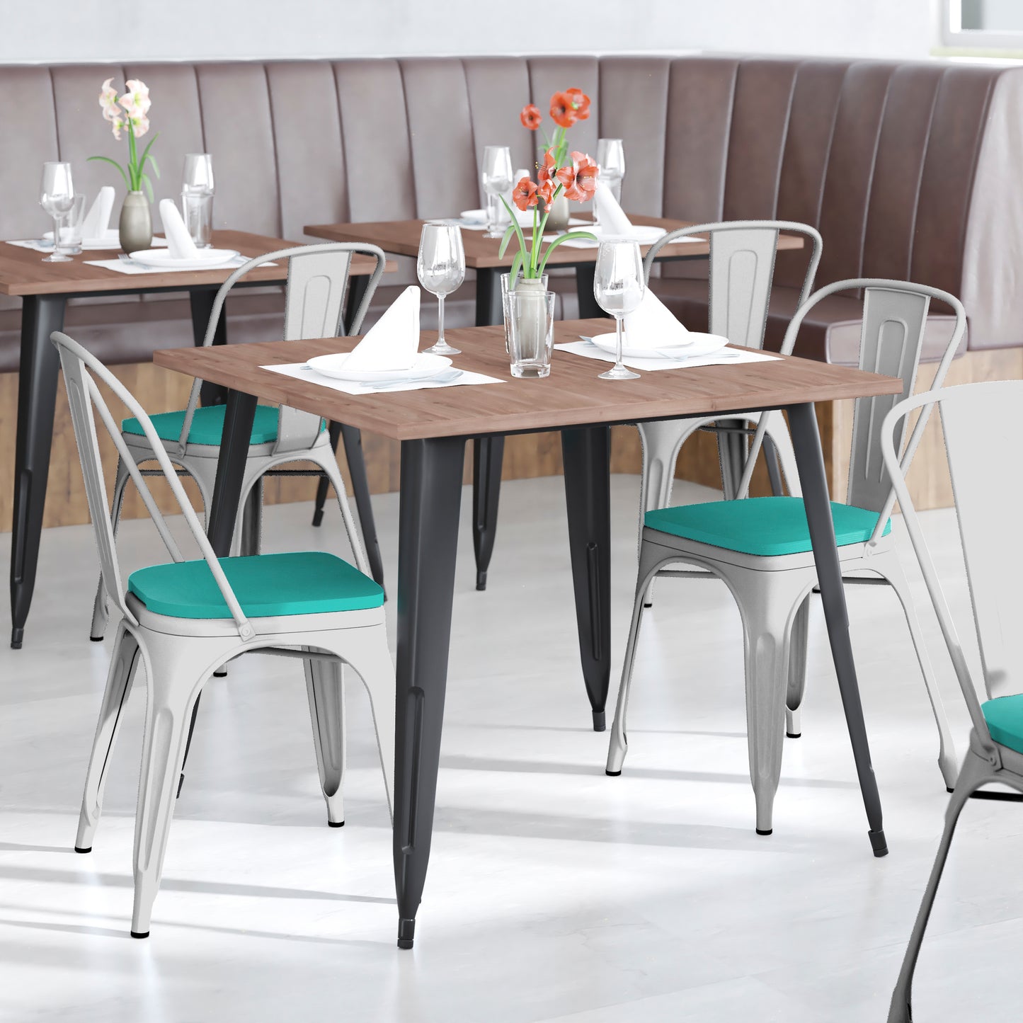 Perry Commercial Grade White Metal Indoor-Outdoor Stackable Chair with Mint Green Poly Resin Wood Seat Mint Green Seat/White Frame