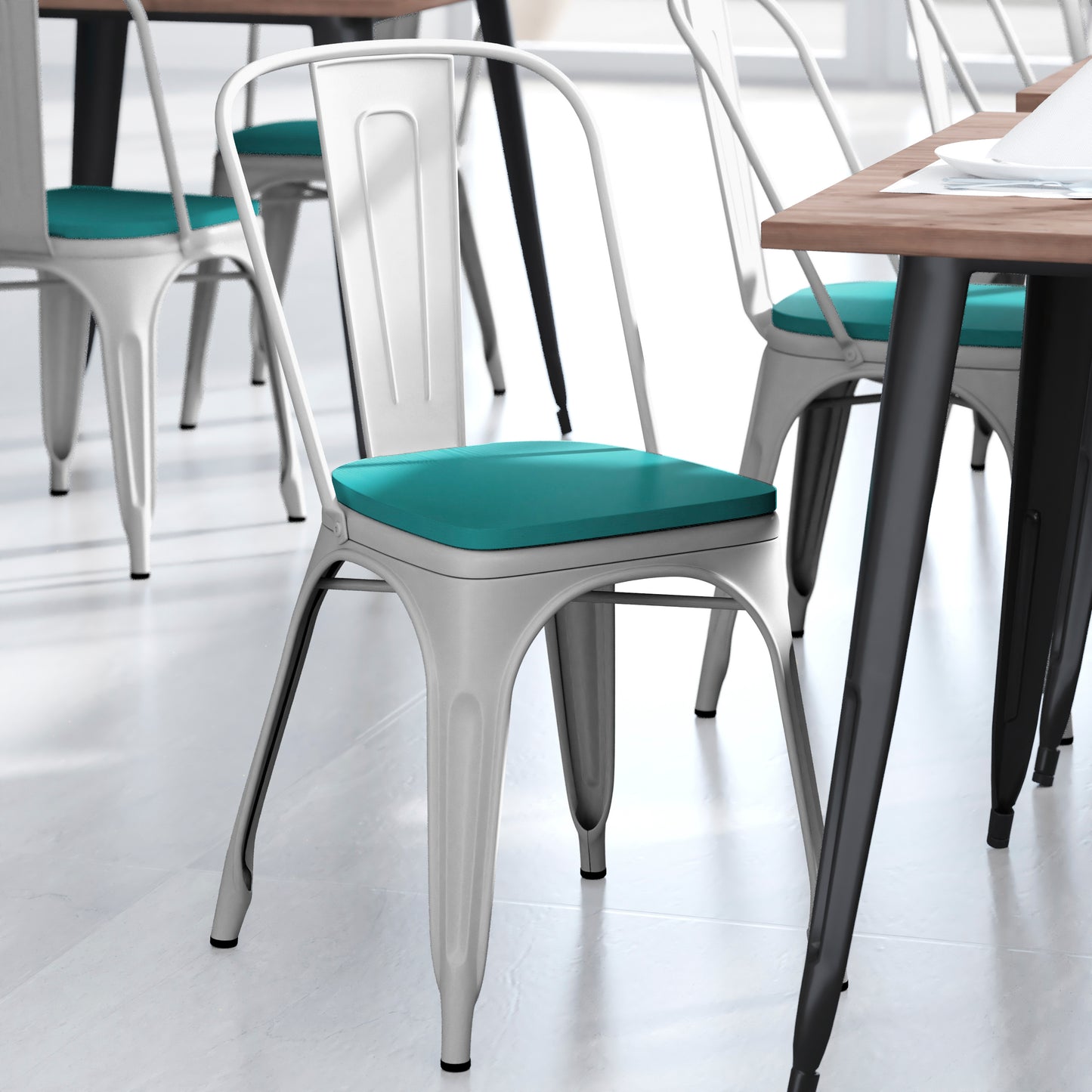 Perry Commercial Grade White Metal Indoor-Outdoor Stackable Chair with Mint Green Poly Resin Wood Seat Mint Green Seat/White Frame