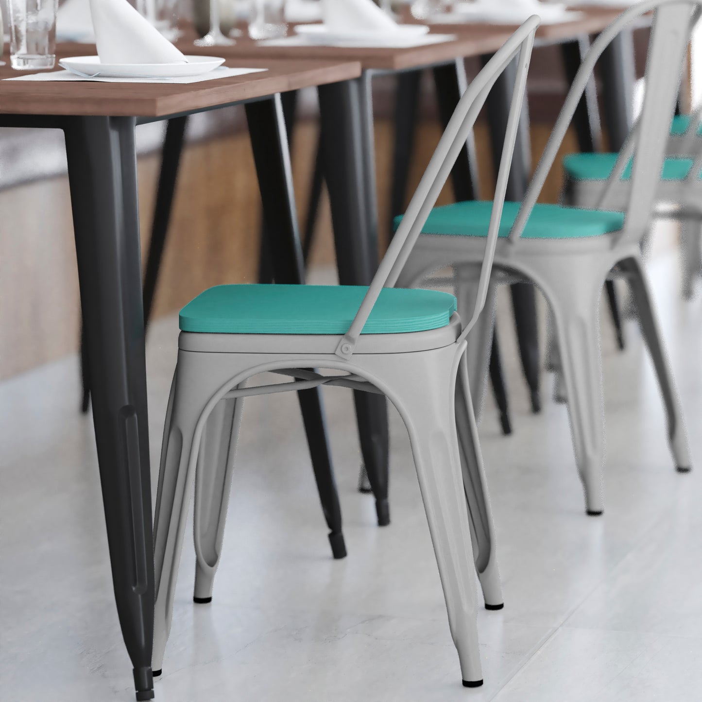 Perry Commercial Grade White Metal Indoor-Outdoor Stackable Chair with Mint Green Poly Resin Wood Seat Mint Green Seat/White Frame