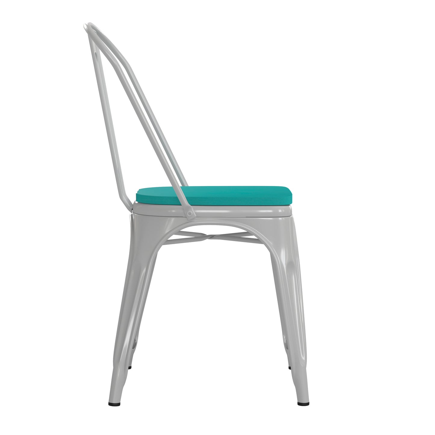Perry Commercial Grade White Metal Indoor-Outdoor Stackable Chair with Mint Green Poly Resin Wood Seat Mint Green Seat/White Frame
