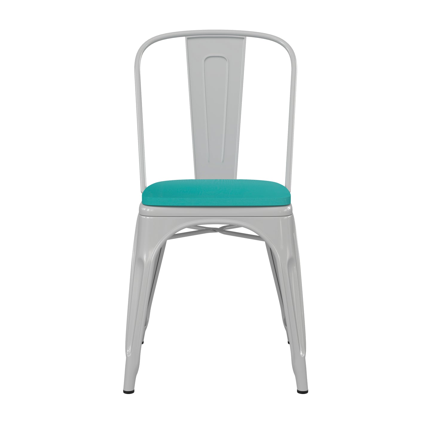 Perry Commercial Grade White Metal Indoor-Outdoor Stackable Chair with Mint Green Poly Resin Wood Seat Mint Green Seat/White Frame