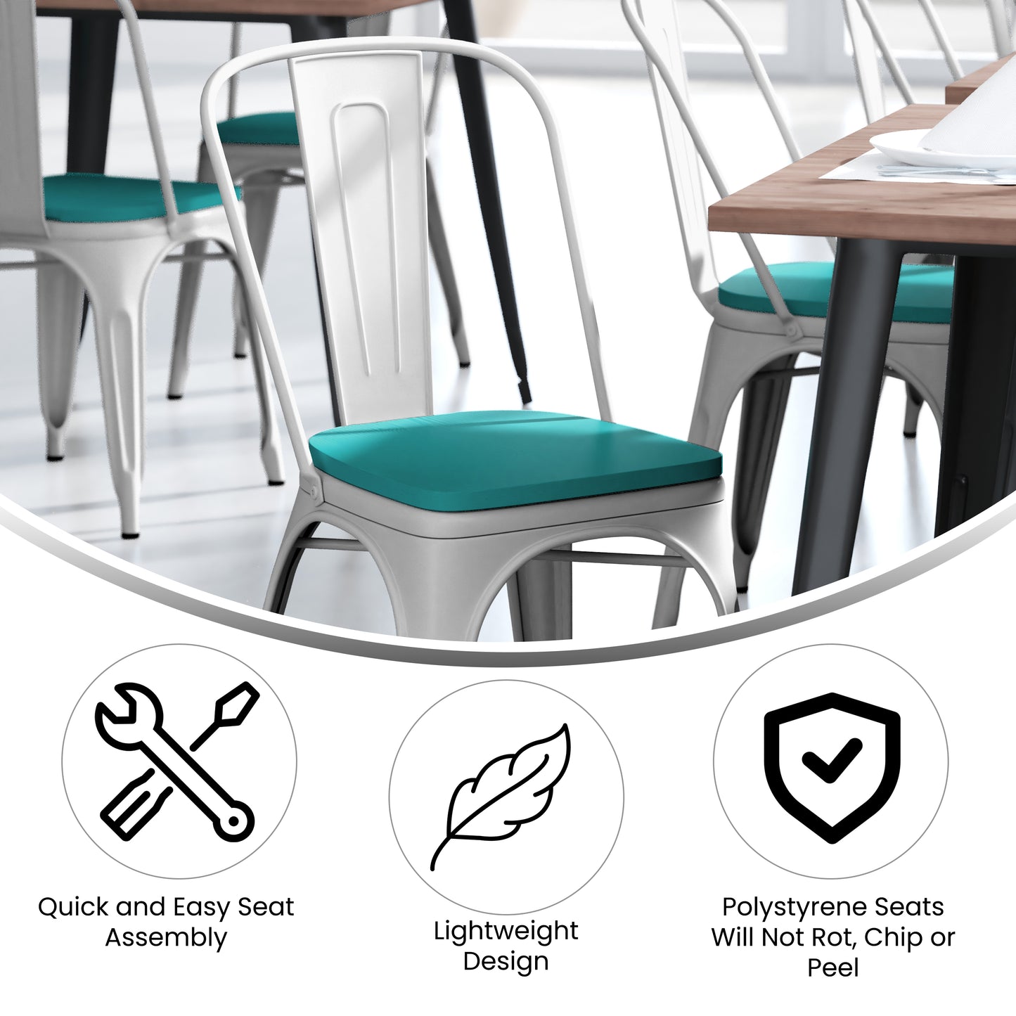 Perry Commercial Grade White Metal Indoor-Outdoor Stackable Chair with Mint Green Poly Resin Wood Seat Mint Green Seat/White Frame