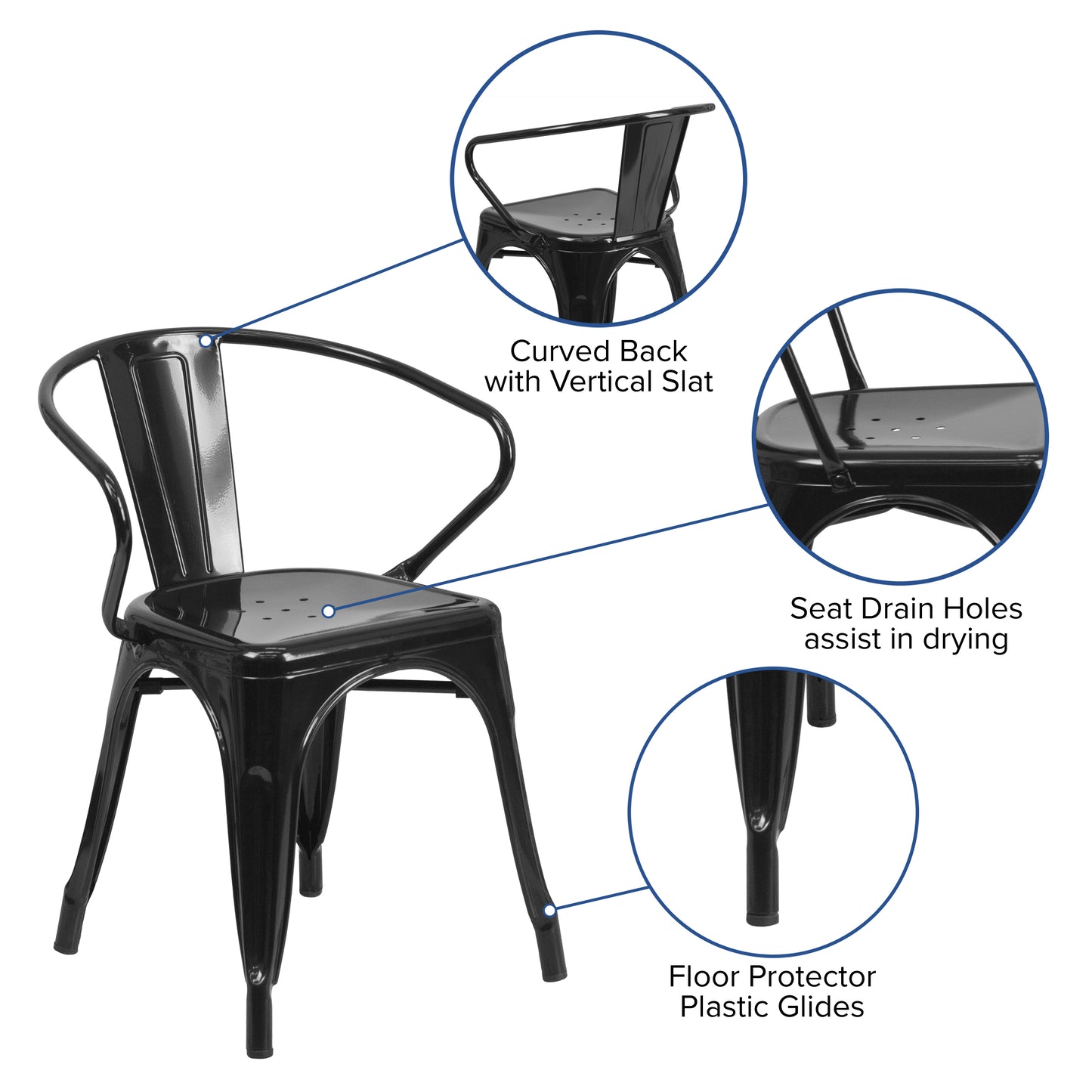 Luna Commercial Grade Black Metal Indoor-Outdoor Chair with Arms Black