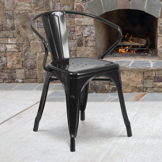 Luna Commercial Grade Black Metal Indoor-Outdoor Chair with Arms Black