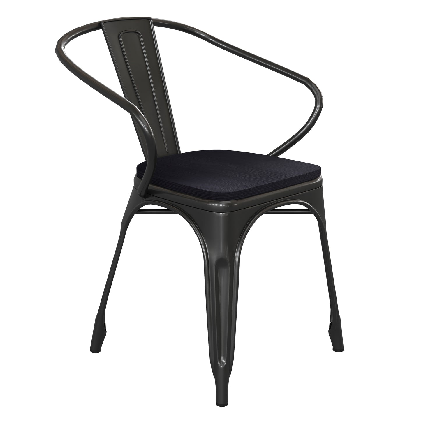 Luna Commercial Grade Black Metal Indoor-Outdoor Chair with Arms with Black Poly Resin Wood Seat Black Seat/Black Frame