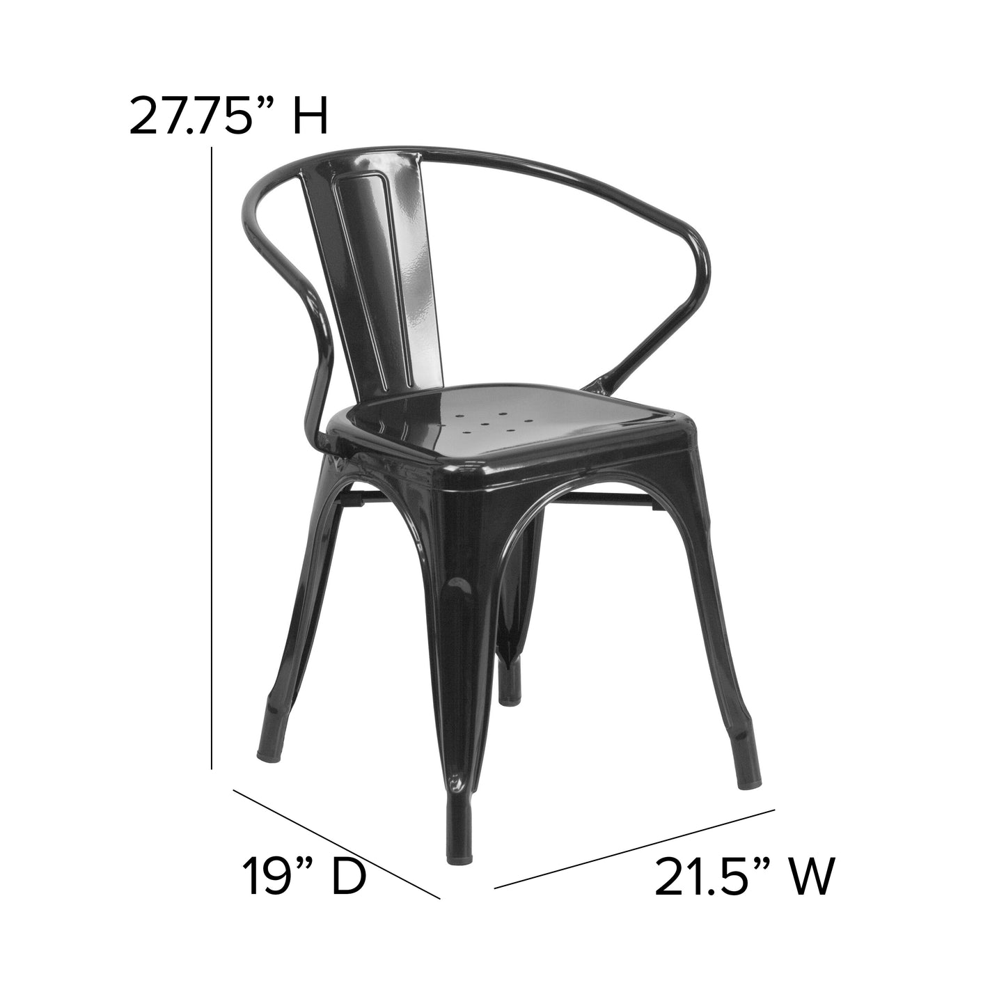 Luna Commercial Grade Black Metal Indoor-Outdoor Chair with Arms with Black Poly Resin Wood Seat Black Seat/Black Frame