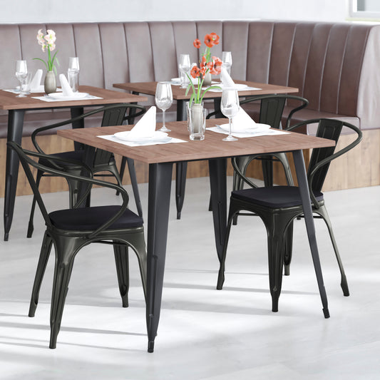 Luna Commercial Grade Black Metal Indoor-Outdoor Chair with Arms with Black Poly Resin Wood Seat Black Seat/Black Frame