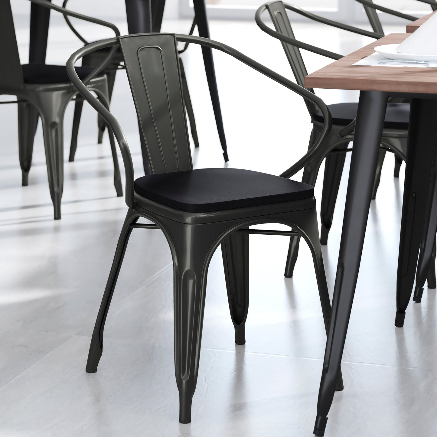 Luna Commercial Grade Black Metal Indoor-Outdoor Chair with Arms with Black Poly Resin Wood Seat Black Seat/Black Frame