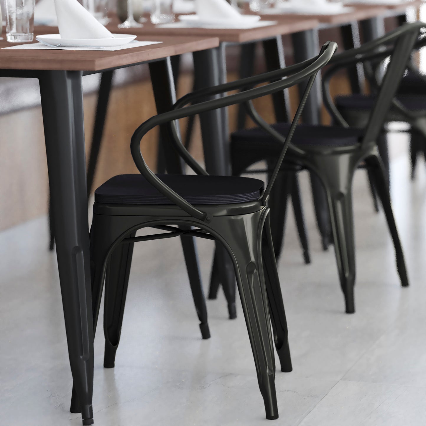 Luna Commercial Grade Black Metal Indoor-Outdoor Chair with Arms with Black Poly Resin Wood Seat Black Seat/Black Frame