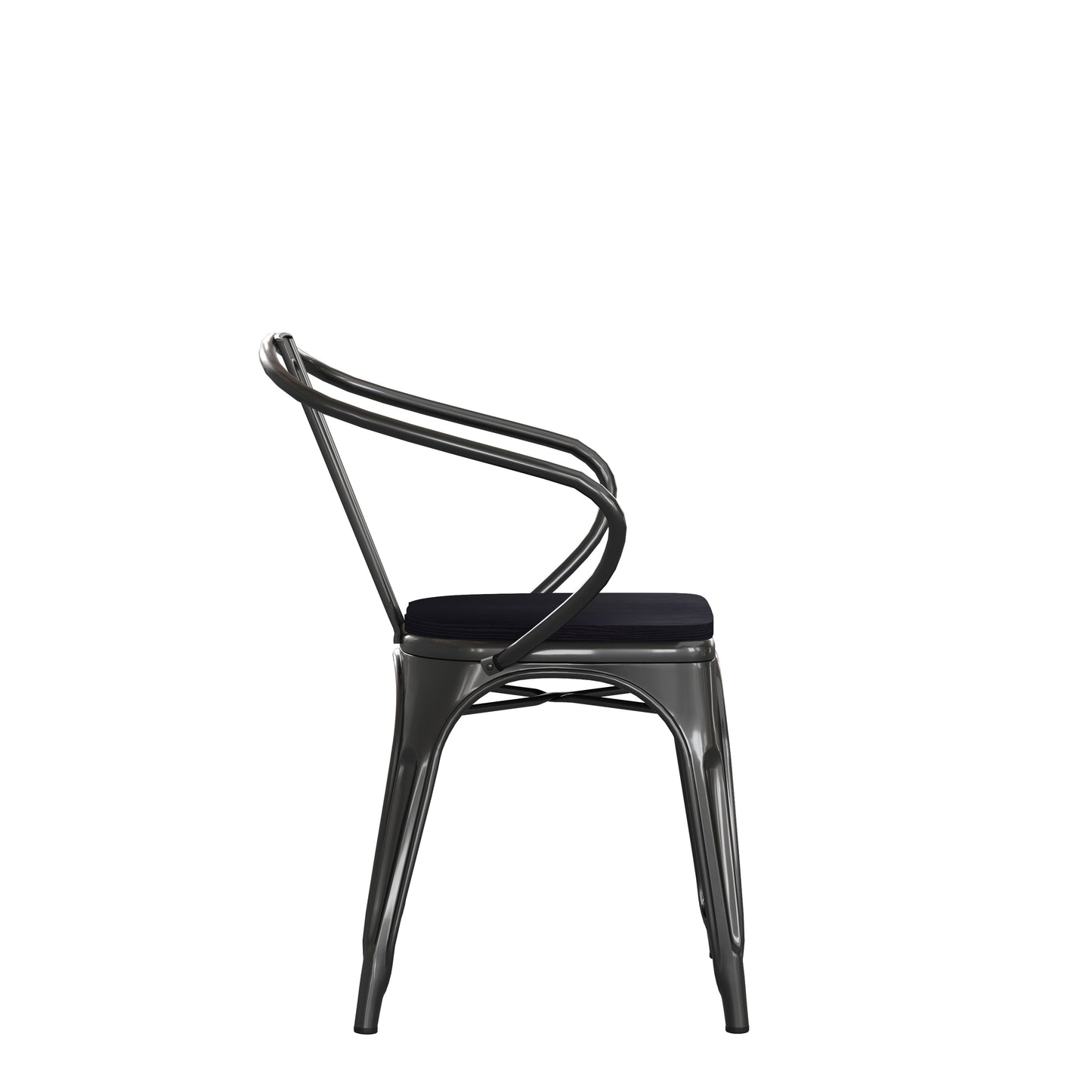 Luna Commercial Grade Black Metal Indoor-Outdoor Chair with Arms with Black Poly Resin Wood Seat Black Seat/Black Frame