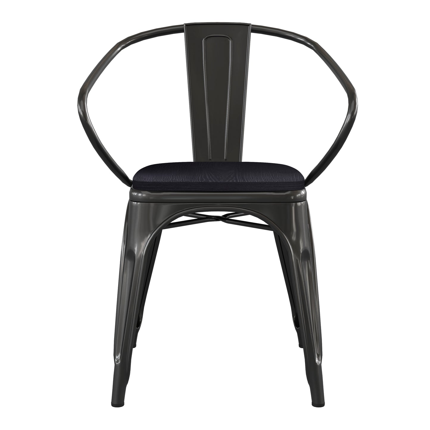 Luna Commercial Grade Black Metal Indoor-Outdoor Chair with Arms with Black Poly Resin Wood Seat Black Seat/Black Frame