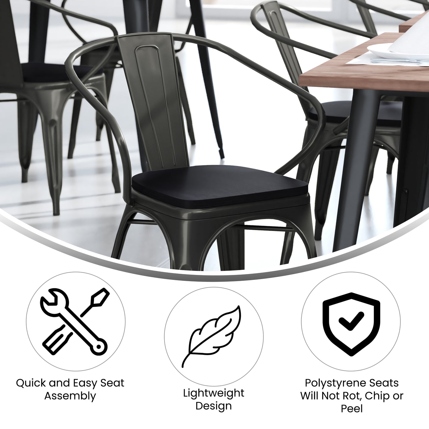 Luna Commercial Grade Black Metal Indoor-Outdoor Chair with Arms with Black Poly Resin Wood Seat Black Seat/Black Frame