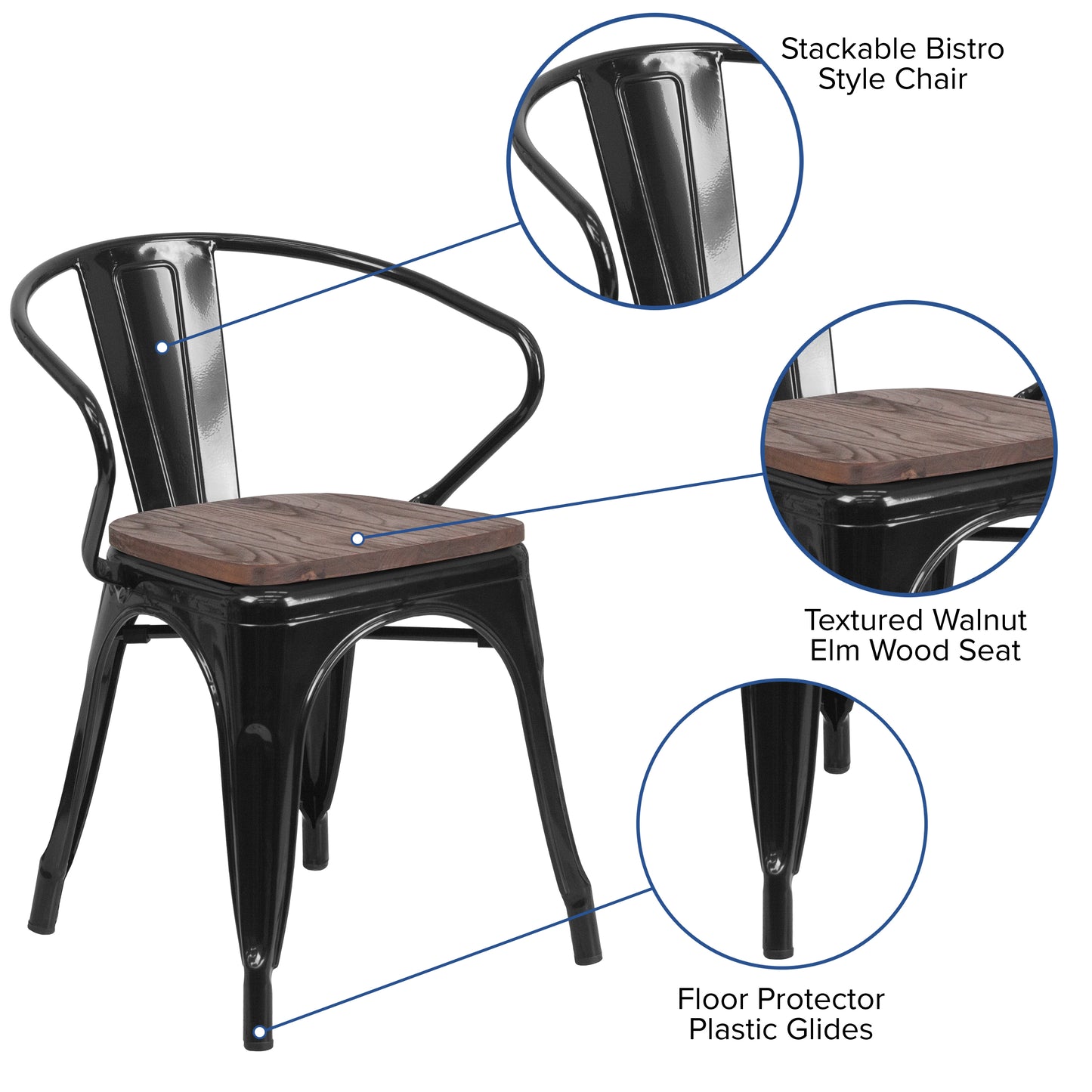 Luna Black Metal Chair with Wood Seat and Arms Black