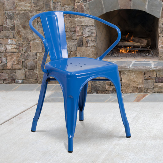 Luna Commercial Grade Blue Metal Indoor-Outdoor Chair with Arms Blue
