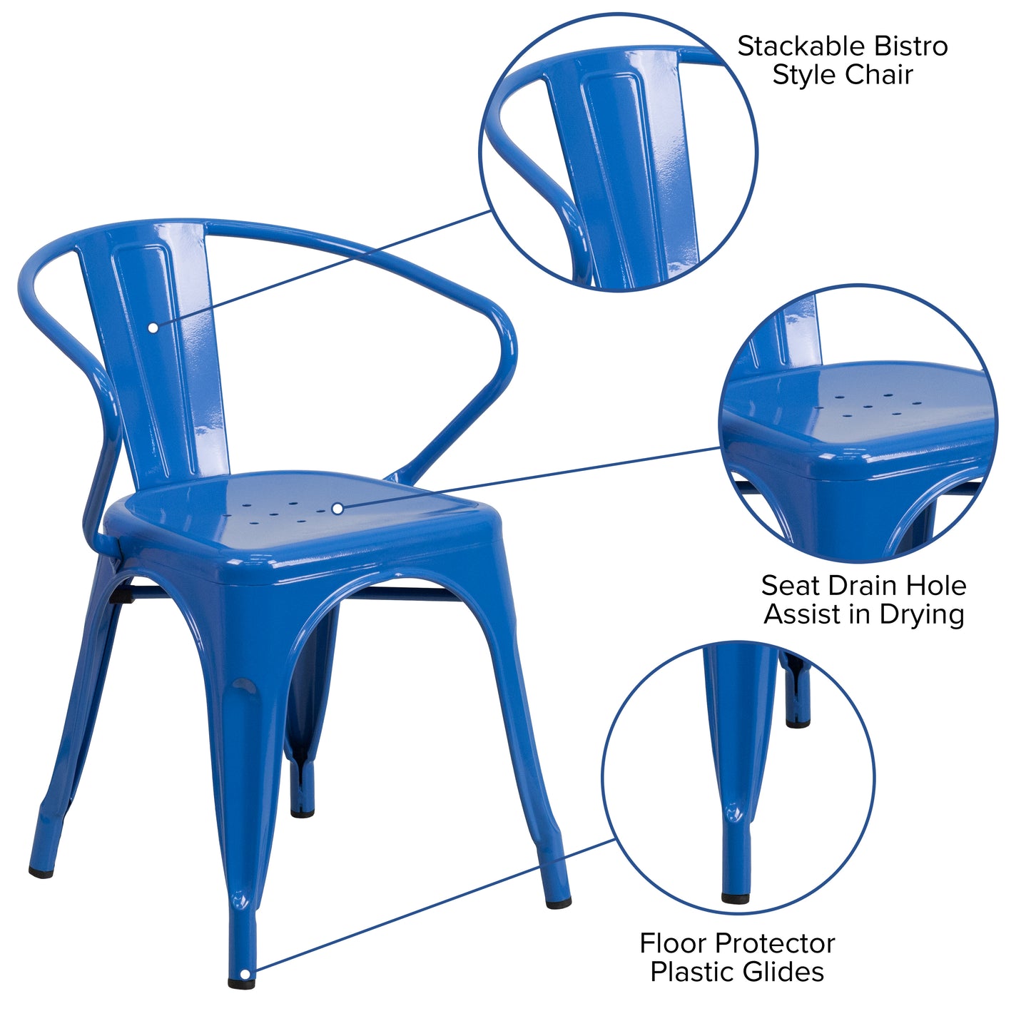 Luna Commercial Grade Blue Metal Indoor-Outdoor Chair with Arms Blue