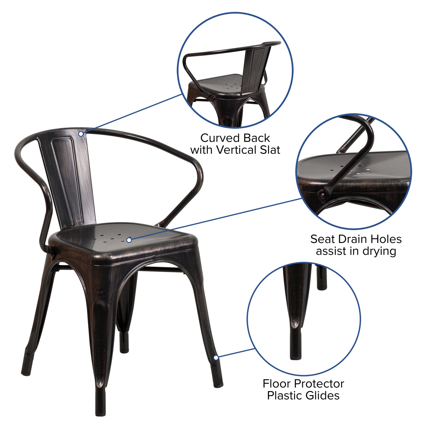 Luna Commercial Grade Black-Antique Gold Metal Indoor-Outdoor Chair with Arms Black-Antique Gold