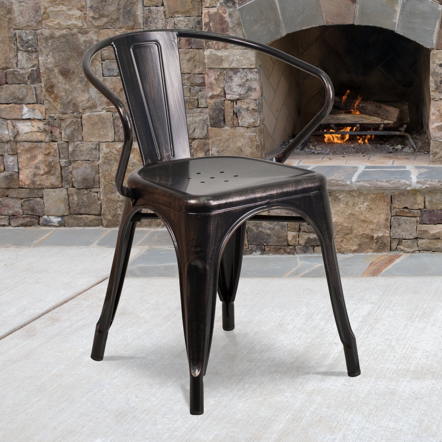 Luna Commercial Grade Black-Antique Gold Metal Indoor-Outdoor Chair with Arms Black-Antique Gold