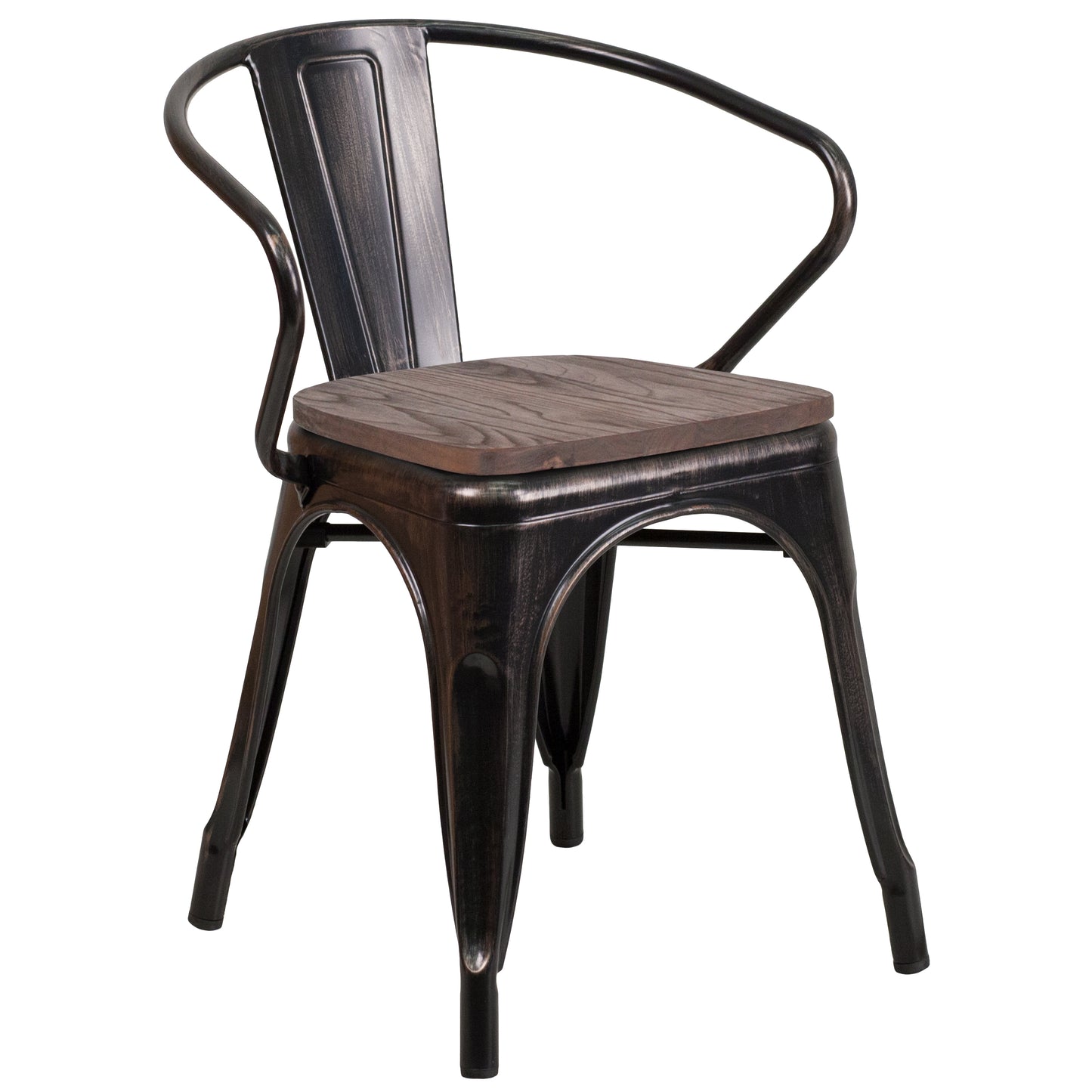 Luna Black-Antique Gold Metal Chair with Wood Seat and Arms Black-Antique Gold
