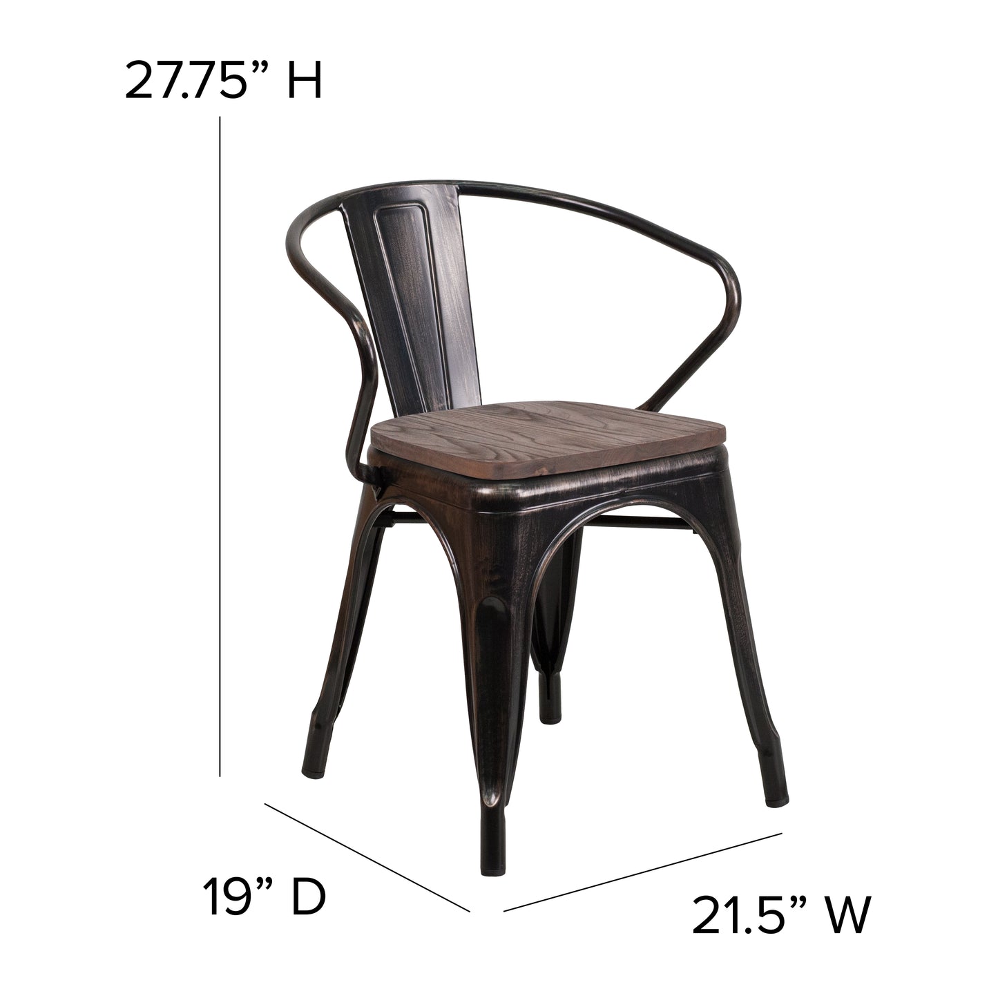 Luna Black-Antique Gold Metal Chair with Wood Seat and Arms Black-Antique Gold