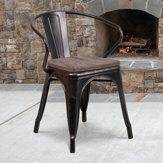 Luna Black-Antique Gold Metal Chair with Wood Seat and Arms Black-Antique Gold