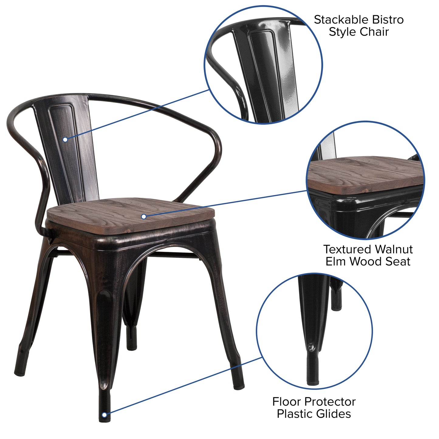 Luna Black-Antique Gold Metal Chair with Wood Seat and Arms Black-Antique Gold