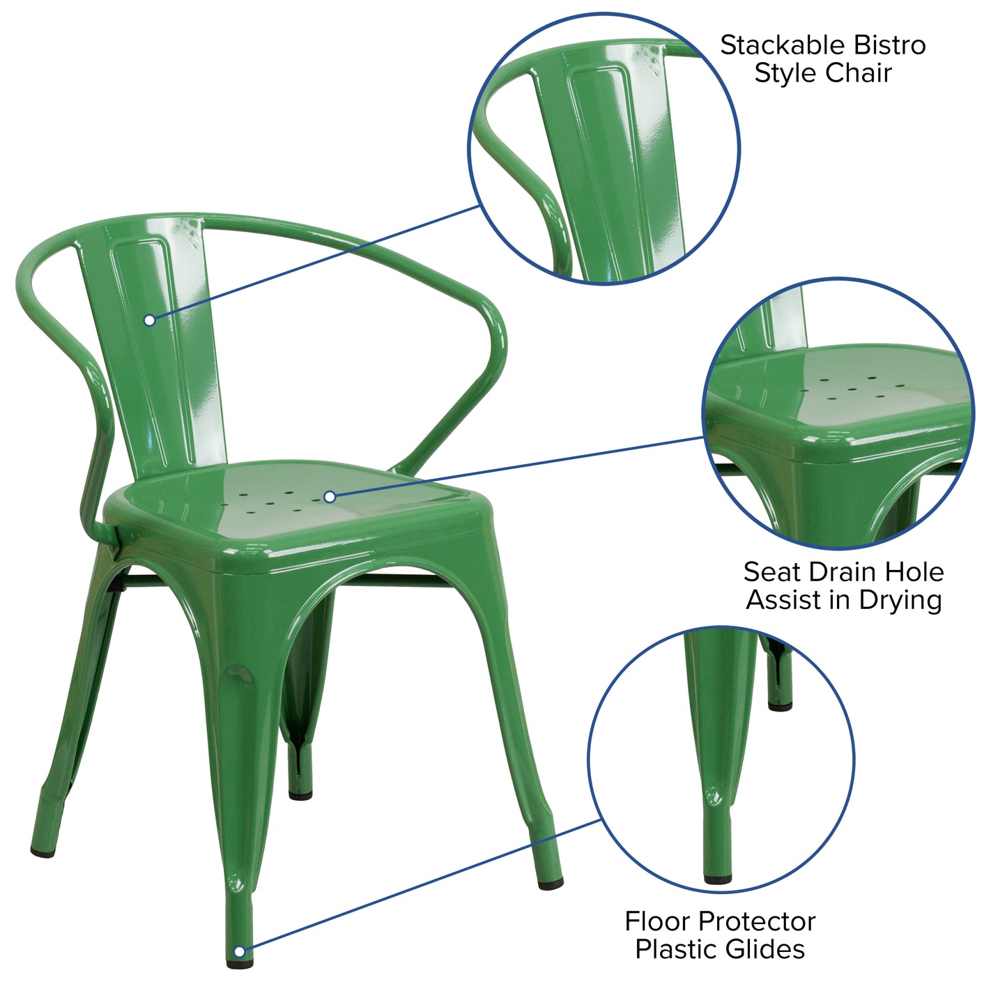 Luna Commercial Grade Green Metal Indoor-Outdoor Chair with Arms Green