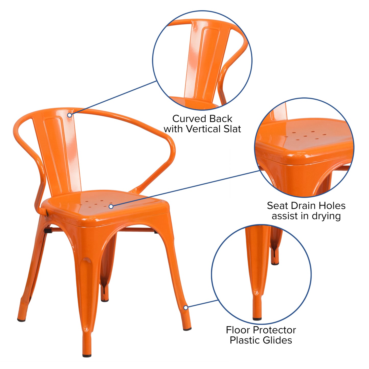 Luna Commercial Grade Orange Metal Indoor-Outdoor Chair with Arms Orange